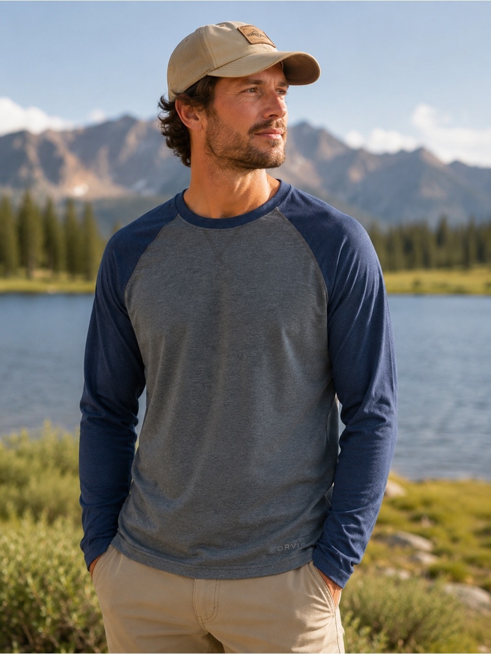 Orvis Men's Raglan Long Sleeve Tee Shirt Gray Blue Size S